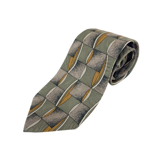 Gianno 100% Silk Mens Tie With Geometric Green & Gold Pattern Made In USA Busine - Picture 8 of 8